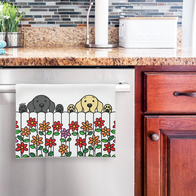 Cute Black Lab Yellow Lab Watching  Kitchen Towel (Black Lab and Yellow Lab Watching Cartoon Kitchen Towel for Labrador owners.  Cute dogs and flowers.)