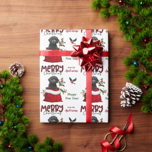 Cute Black Labradoodle Dog in Christmas Gift Bag Wrapping Paper