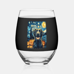 Cute Black Labrador Dog Halloween Jack O Lantern P Stemless Wine Glass