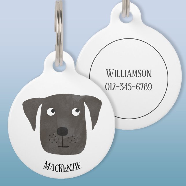 Cute Black Labrador Retriever Dog Art Custom Name Pet ID Tag (Cute watercolor Black Labrador Retriever dog personalized pet tag)