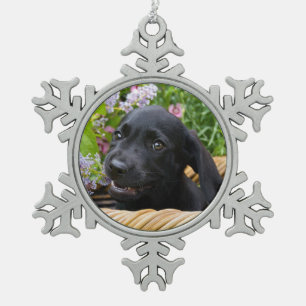 Cute Black Labrador Retriever Dog Puppy Photo * Snowflake Pewter Christmas Ornament