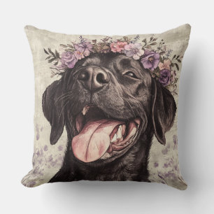 Cute Black Labrador Retriever Purple Floral Throw Pillow