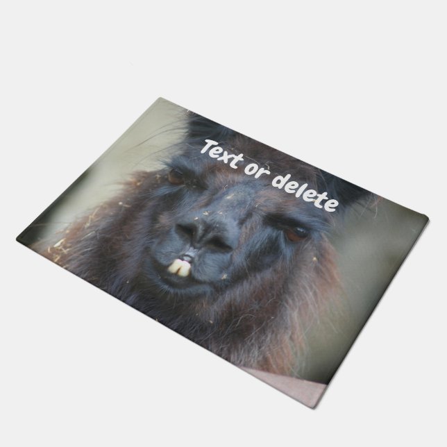 Cute Black Llama Face Close Up Personalized Doormat (Angled)