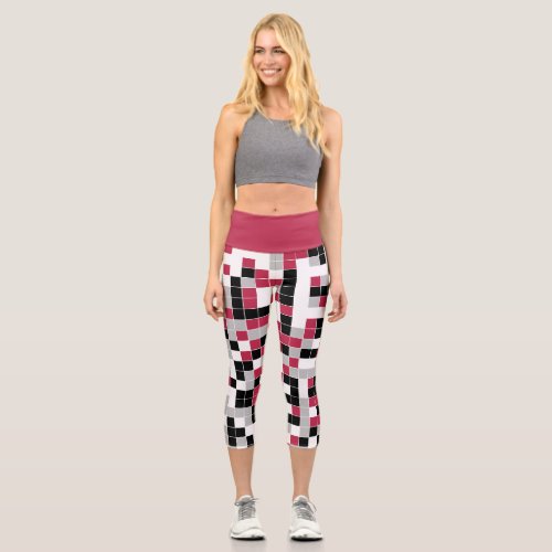 Cute Black Magenta Geometric Pattern Capri Leggings