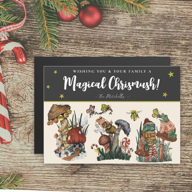 Cute Black Magic Mushroom Magnetic Christmas Card (Black magical mushroom christmas card with whimsical illustrations of mushrooms, frogs and snails)