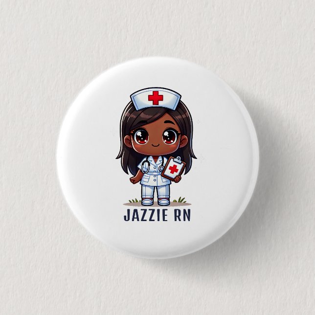 Cute Black Manga Nurse Cartoon Personalized Button (Front)