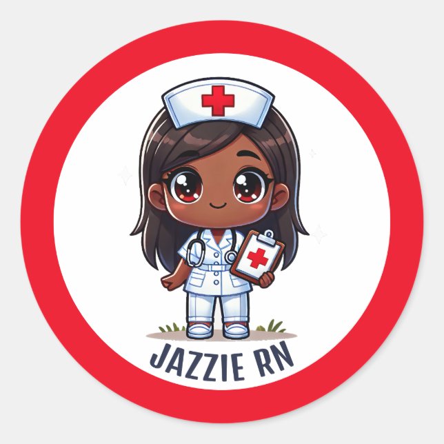 Cute Black Manga Nurse Cartoon Personalized Classic Round Sticker (Front)