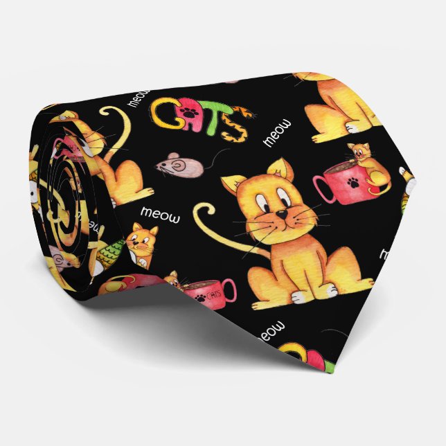 Cute Black Meow Cats Mischievous Kittens Neck Tie (Rolled)