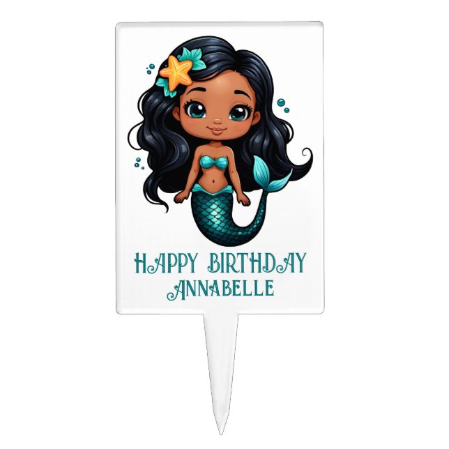 Cute Black Mermaid Personalize Cake Topper (Front)