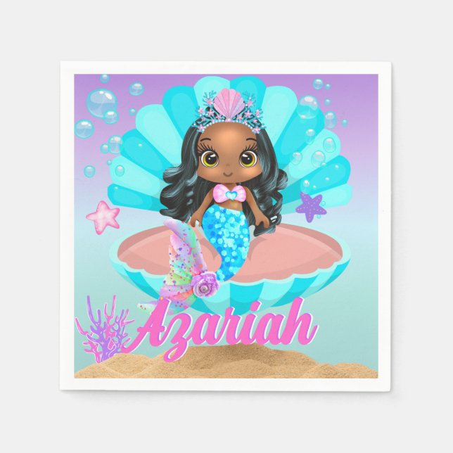 Cute Black Mermaid Princess Under the Sea Napkins (Front)