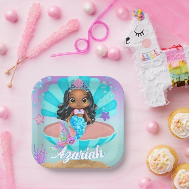 Cute Black Mermaid Princess Under the Sea Paper Plates (Party)