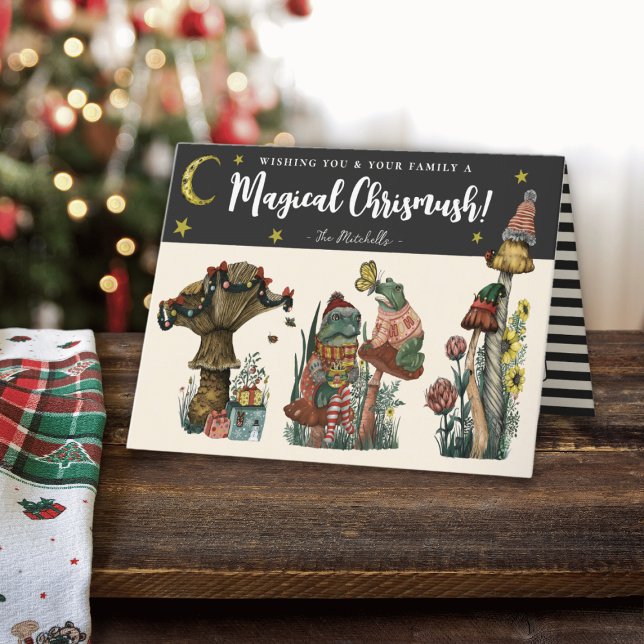 Cute Black Merry Mushroom Cottagecore Christmas Ho Holiday Card (Black magical Christmas greeting card with illustrations of mushrooms and frogs.)