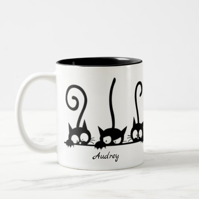 Cute Black Minimalist Cats Funny Sayings Name Two-Tone Coffee Mug (Left)