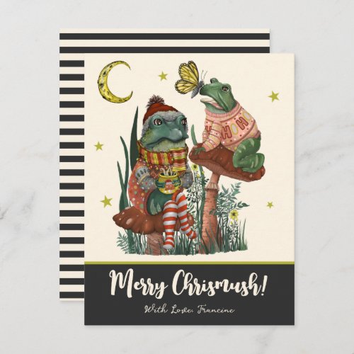Cute Black Mushroom Frog and Toad Merry Christmas Holiday Card