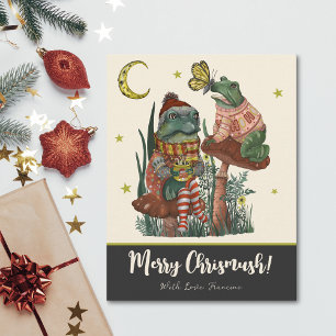 Cute Black Mushroom Frog and Toad Merry Christmas Holiday Card