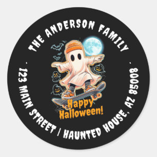 Cute Black Neon Ghost Happy Halloween Address Classic Round Sticker