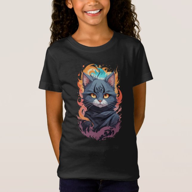 Cute Black Ninja Cat Warrior Design T-Shirt (Front)