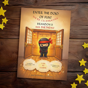 Cute Black Ninja Wooden Doors Dojo Kids Birtthday Invitation