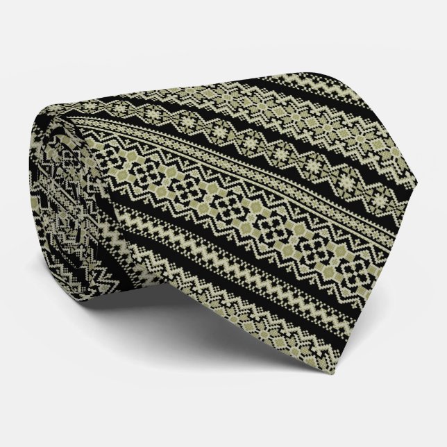 Cute black olive ukrainian ornament background neck tie (Rolled)