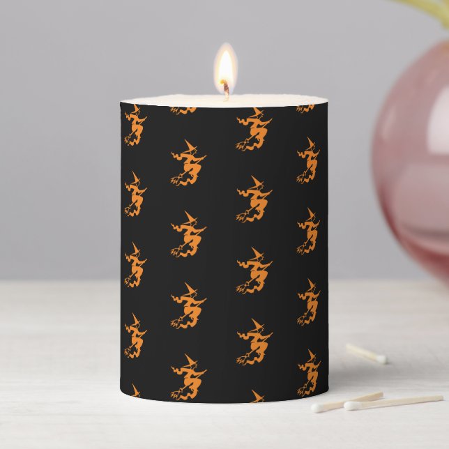Cute black orange flying witch pattern Halloween Pillar Candle (In Situ)