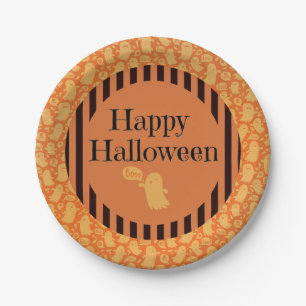 Cute Black Orange Ghost Happy Halloween Party Paper Plates