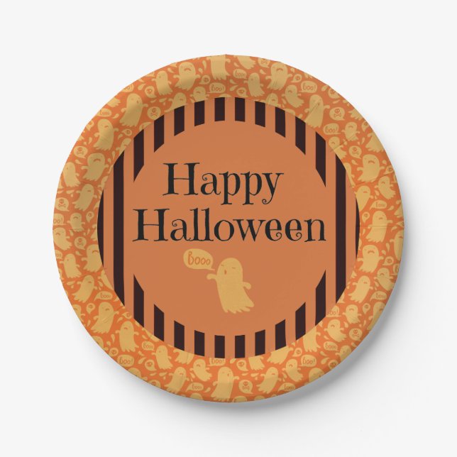 Cute Black Orange Ghost Happy Halloween Party Paper Plates (Front)