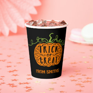 Cute Black Orange Pumpkin Trick or Treat Halloween Paper Cups