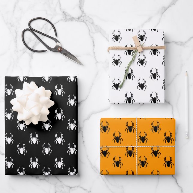 Cute Black Orange Spider Wrapping Paper Sheets (Front)