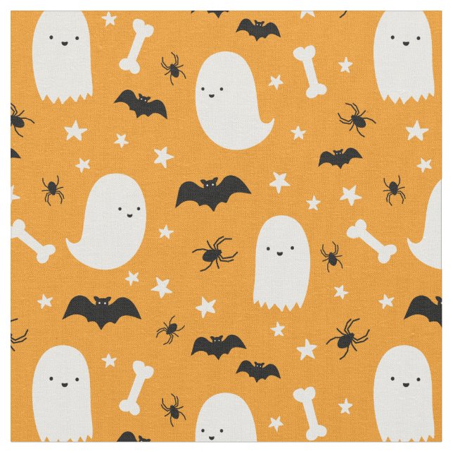 Cute Black Orange Spooky Ghosts Spiders Halloween Fabric (Close Up)