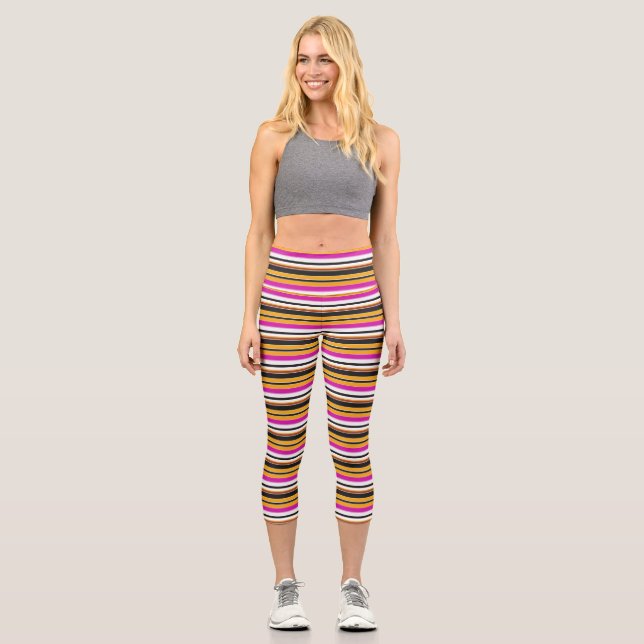 Cute black orange stripes capri leggings (Front)