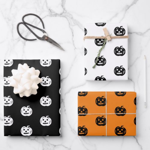 Cute black orange white jack o lantern Halloween Wrapping Paper Sheets