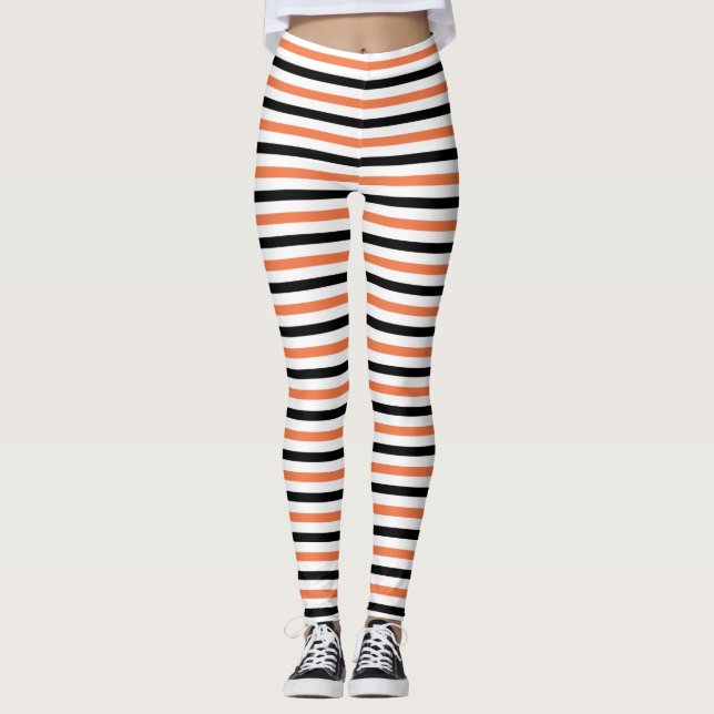 Cute Black Orange & White Stripe Pattern Halloween Leggings (Front)