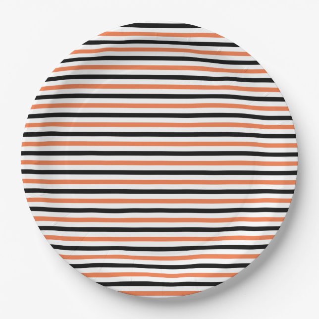 Cute Black Orange & White Stripe Pattern Halloween Paper Plates (Front)