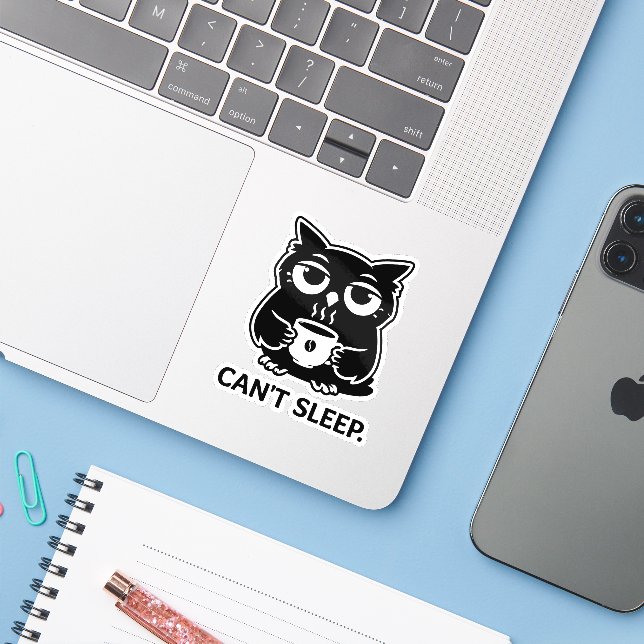 Cute Black Owl Can't Sleep Coffee Cup Illustration Sticker (Laptop w/ iPhone)