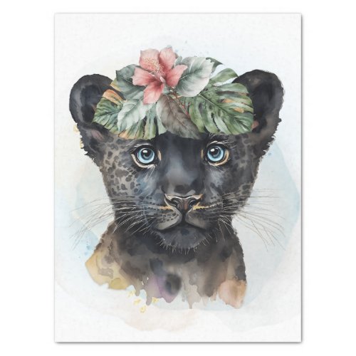 Cute Black Panther Cub Floral Wild Cat Watercolor Tissue Paper