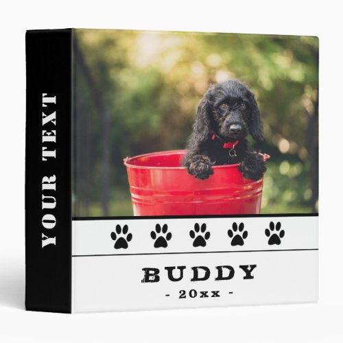 Cute Black Paw Pattern Pet Dog Photo Album 3 Ring Binder - Cute Black Paw Pattern Pet Dog Photo Album. The design has a photo of a dog, the dog`s name with a black dog paws. Change or erase the text on the spine. A great keepsake gift, photo album, a scrapbook album, in memory of, notes and more for your dog or pet.