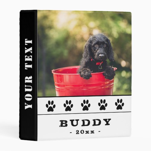 Cute Black Paw Pattern Pet Dog Photo Album Mini Binder - Cute Black Paw Pattern Pet Dog Photo Album. The design has a photo of a dog, the dog`s name with black dog paws. Change or erase the text on the spine. A great keepsake gift, photo album, a scrapbook album, in memory of, notes and more for your dog or pet.