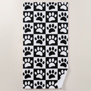 Cute Black Paw Print Checkerboard Pattern Beach Towel