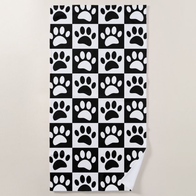 Cute Black Paw Print Checkerboard Pattern  Beach Towel (Front)