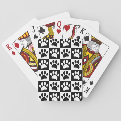 Cute Black Paw Print Checkerboard Pattern Poker Cards