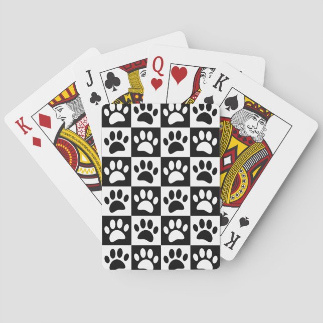 Cute Black Paw Print Checkerboard Pattern Poker Cards (Back)