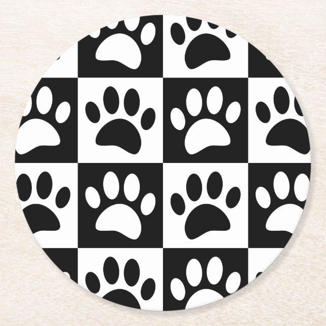 Cute Black Paw Print Checkerboard Pattern Round Paper Coaster (Front)