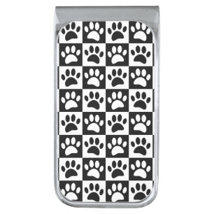 Cute Black Paw Print Checkerboard Pattern Silver Finish Money Clip