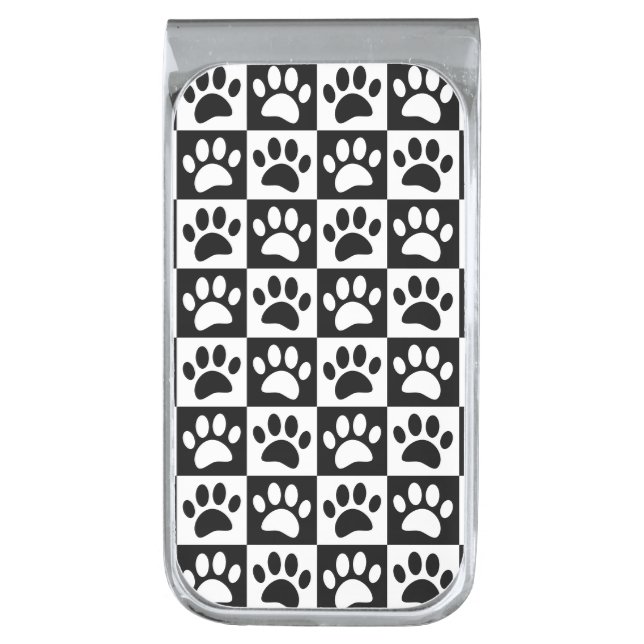 Cute Black Paw Print Checkerboard Pattern  Silver Finish Money Clip (Front Vertical)