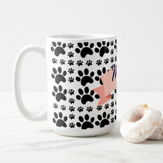 Cute Black Paw Print Pattern & Peach "Meow" Ribbon Coffee Mug