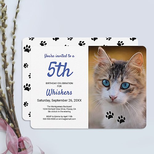 Cute Black Paw Prints Blue Pet Birthday Photo Invitation