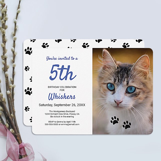 Cute Black Paw Prints Blue Pet Birthday Photo Invitation (Creator Uploaded)