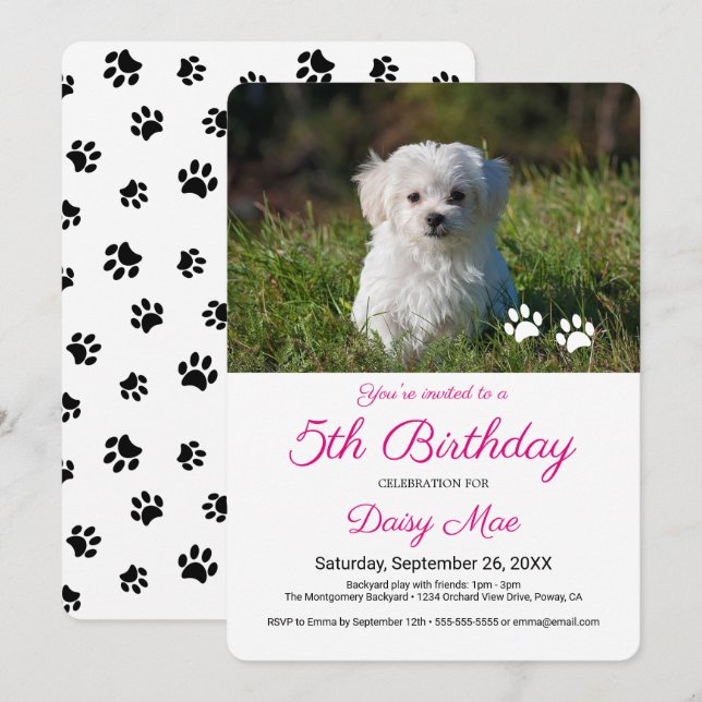 Cute Black Paw Prints Custom Pet Birthday Photo Invitation (Front/Back)