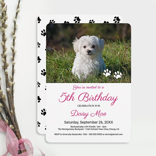 Cute Black Paw Prints Custom Pet Birthday Photo Invitation