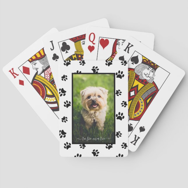 Cute Black Paw Prints Name Photo Poker Cards (Back)
